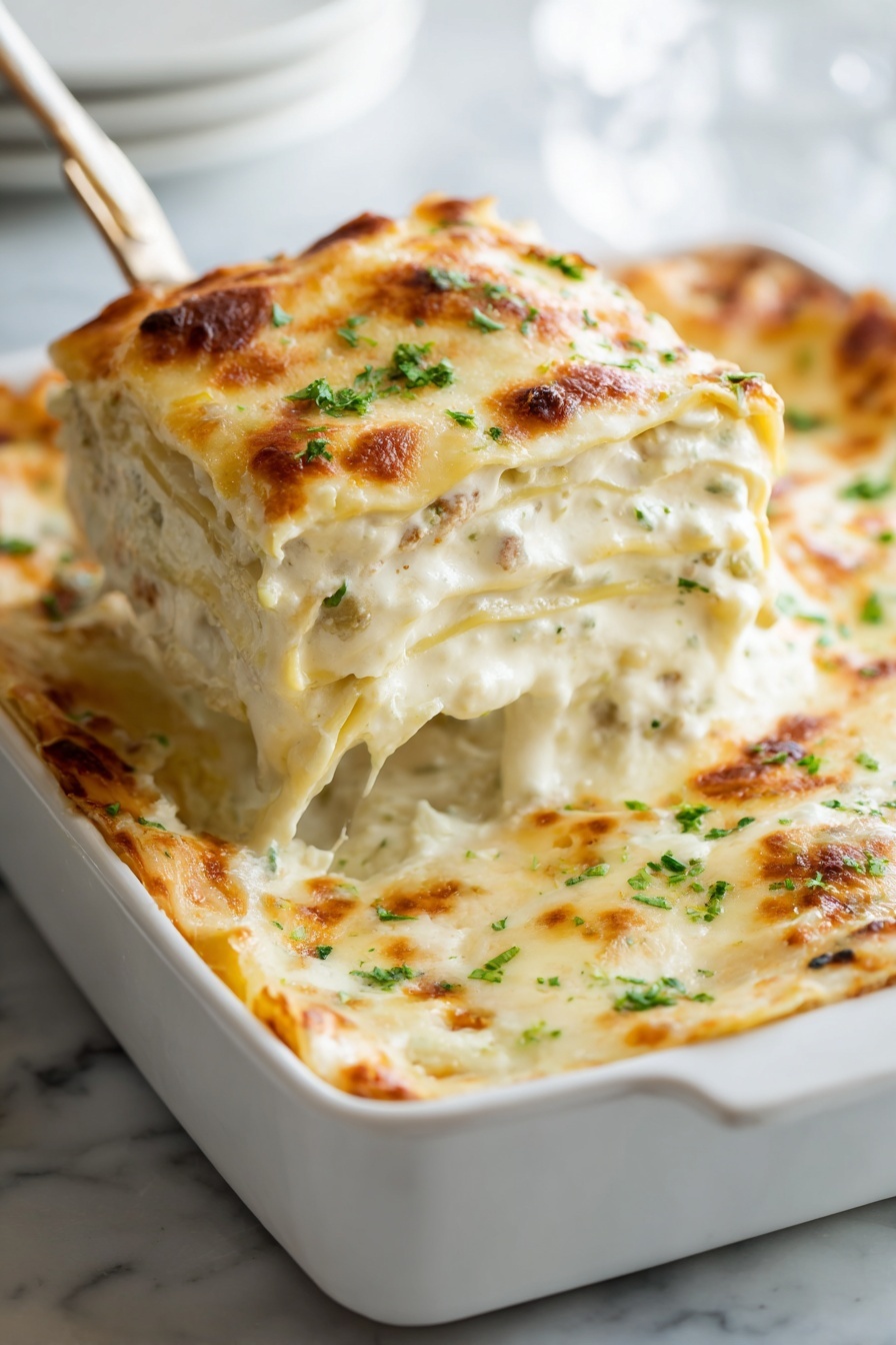 Cheesy Chicken Alfredo Lasagna Recipe 6 The image shows a white rectangular dish filled with a creamy layered dish topped with a melted, golden-brown cheese layer. The top layer is bubbly with browned spots and sprinkled with green herbs for freshness. Beneath the top, you can see a thick creamy white sauce mixed with leafy greens and chunks of white pieces, suggesting a rich, cheesy filling. On the right side, a portion has been taken out, revealing stacked pasta sheets soaked in the sauce. A white serving spatula is under the removed section, placed on a white marbled surface background. Photo taken with an iphone --ar 4:5 --v 7