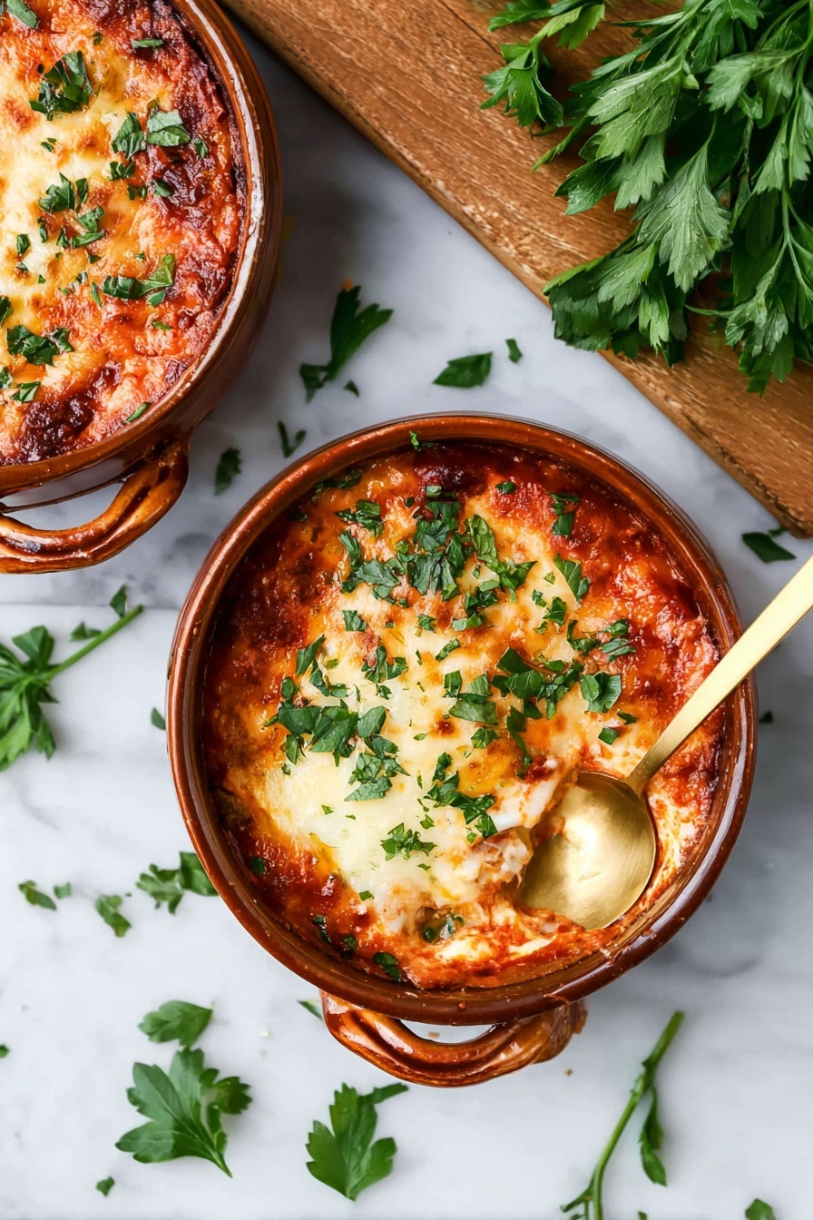 A dark green bowl filled with baked pasta covered in melted light orange cheese with hints of tomato sauce underneath. On top, there are small pieces of green herbs sprinkled evenly. A golden fork held by a woman's hand lifts a cheesy pasta bite showing long stretchy melted cheese strands hanging down. The background has a white marbled texture and some green blurred leaves. Photo taken with an iphone --ar 4:5 --v 7