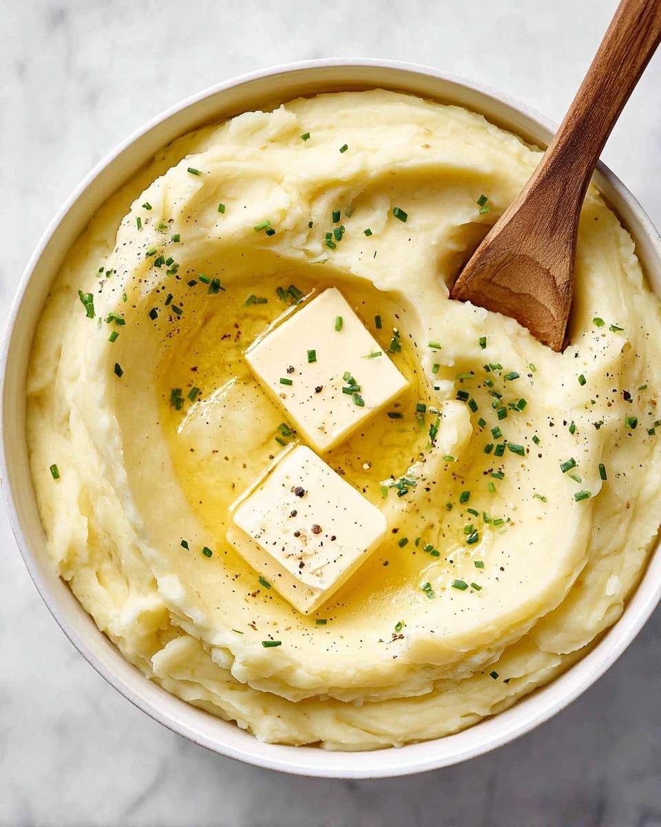 The image shows a white bowl filled with three thick, creamy layers of mashed potatoes that have a smooth texture. On top of the mashed potatoes, there is a melting square of light yellow butter surrounded by golden melted butter pooling in the center. The dish is sprinkled with small, bright green chopped chives and a light dusting of black pepper. The bowl is placed on a white marbled surface with a green and white striped cloth beneath a wooden spoon resting nearby. photo taken with an iphone --ar 4:5 --v 7