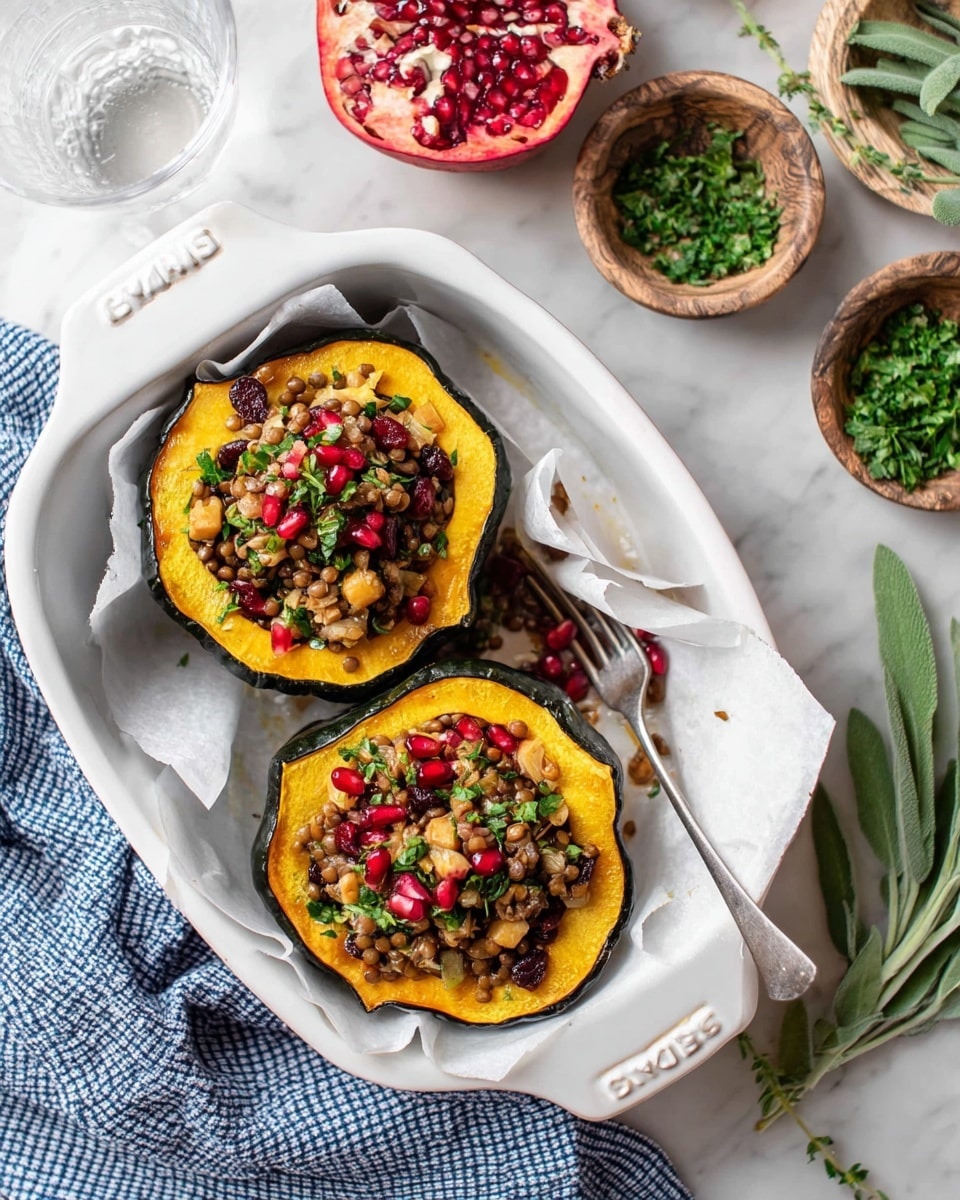 The image shows two acorn squash halves placed side by side in a white ceramic dish lined with white parchment paper. Each squash half is filled with a colorful mixture of chopped mushrooms, small lentils or grains, dried cranberries, and fresh green parsley leaves. Bright red pomegranate seeds add a pop of color on top of the filling. The squash skin is dark green with a rough texture, and the inside is a rich golden yellow. The white ceramic dish rests on a white marbled surface, surrounded by a blue checkered cloth, fresh sage leaves, and small bowls with more of the filling and chopped herbs nearby. Photo taken with an iphone --ar 4:5 --v 7