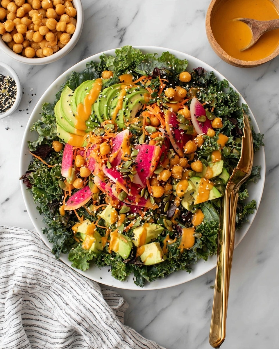 Kale Salad with Roasted Chickpeas, Rainbow Vegetables, and Ginger Dressing Recipe