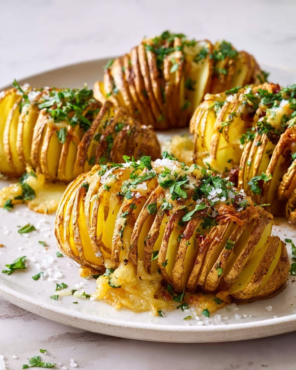 The image shows four hasselback potatoes arranged on a large white plate on a white marbled surface. Each potato is sliced into many thin vertical layers but still held together at the bottom, creating a fan-like shape. Between the layers, you can see melted golden cheese and small bits of green herbs. The potato skin is golden brown and crispy, while the inside layers look soft and slightly yellow. The top is garnished with bright green chopped herbs, adding a fresh color contrast. Small grains of coarse salt are sprinkled around the plate. Photo taken with an iphone --ar 4:5 --v 7