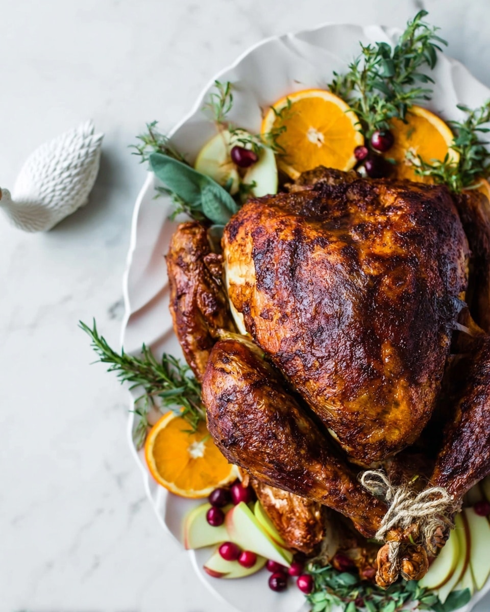 A whole roasted turkey with crisp, dark golden-brown skin sits centered on a white round plate. The turkey's legs are tied together with white string, and the cavity is filled with green herbs visible inside. Around the turkey on the plate are sliced red apples, orange halves, lemon wedges, sprigs of fresh rosemary, and small red cranberries, adding bright pops of red, green, and orange colors. Additional cranberries and herbs are scattered on the white marbled surface around the plate, with a white cloth partially visible underneath. The photo is bright with natural light and taken with an iphone --ar 4:5 --v 7