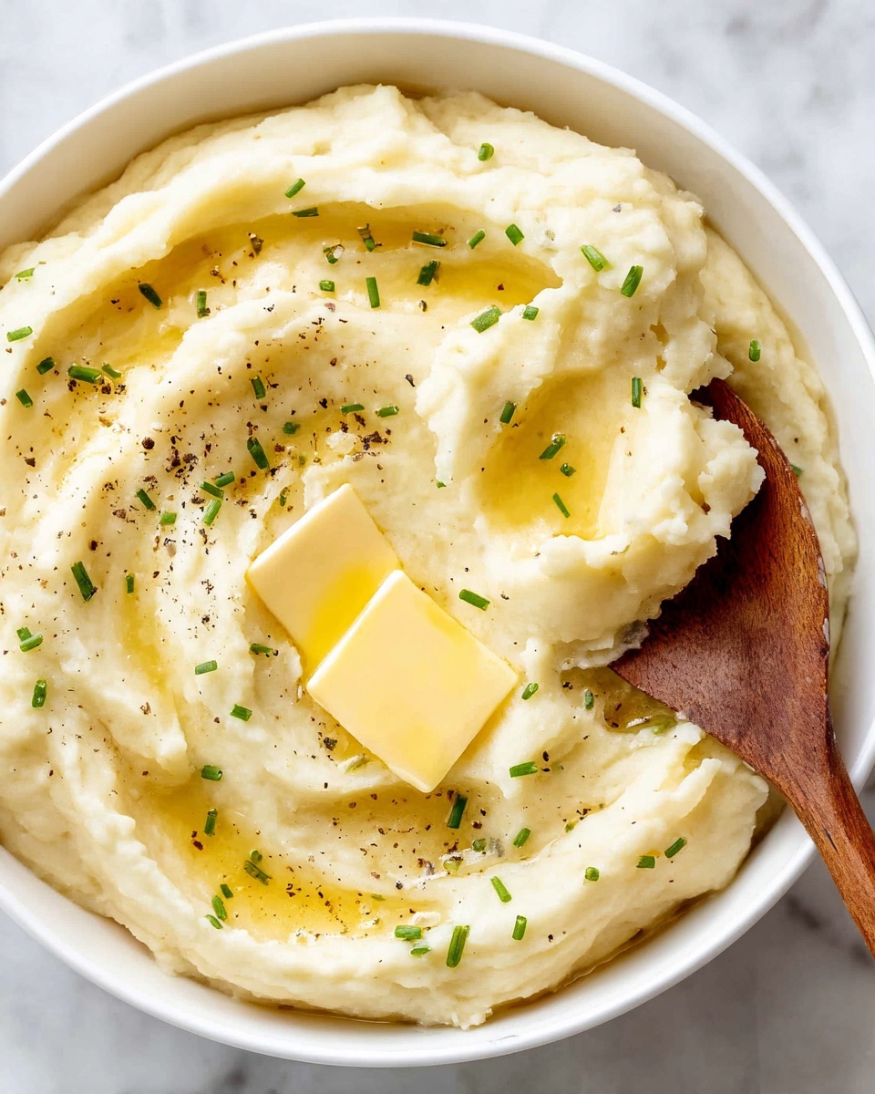 A white bowl filled with smooth, creamy mashed potatoes that are swirled in soft peaks. In the center is a thick pat of melting butter that creates a shiny yellow pool spreading outward. The mashed potatoes are sprinkled with small bits of chopped green chives and a light dusting of black pepper, adding subtle color contrast. The bowl is placed on a white marbled surface with a green and white striped cloth underneath, and a wooden spoon lies next to it. photo taken with an iphone --ar 4:5 --v 7