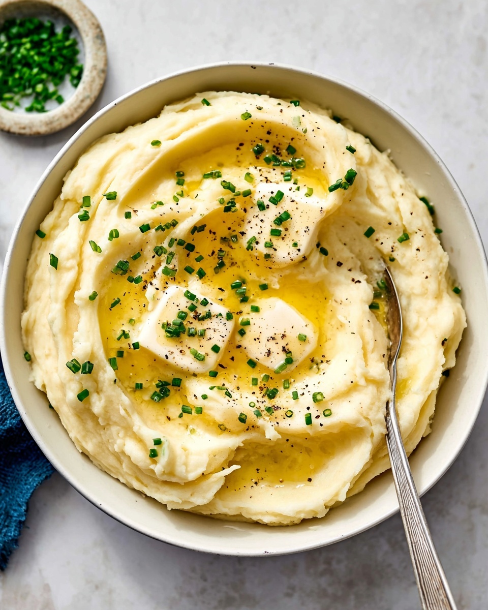 A white bowl filled with smooth, creamy mashed potatoes that have a soft, light beige color. Two small square pats of melting butter sit near the center, their pale yellow color blending into a shiny pool of melted butter. The mashed potatoes are sprinkled with small green chive pieces and black pepper dots. A wooden spoon with a rich brown color lies on the right side, dipping into the mashed potatoes with some scooped on it. The background is a white marbled texture. photo taken with an iphone --ar 4:5 --v 7