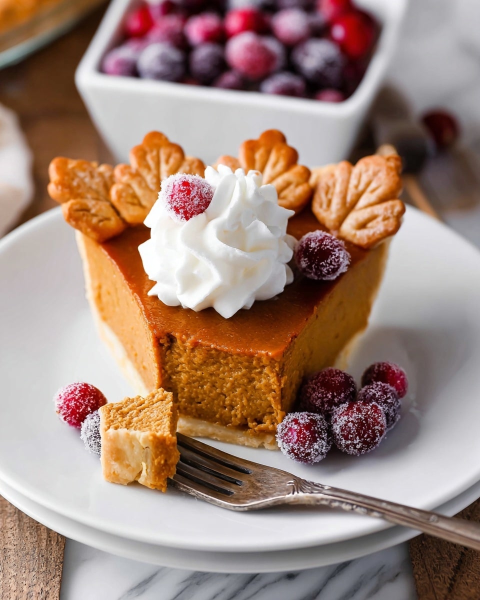 A pumpkin pie is shown in a white pie dish with a golden crust that is thick and slightly crimped around the edges. The filling is smooth and deep orange-brown in color, covering the entire pie evenly. On top, there are several small crust shapes in the form of autumn leaves, baked to a light golden brown and placed close together in the center. Around the leaf shapes, there are bright red cranberries with a light dusting of white powdered sugar, adding a festive look. The pie sits on a white marbled surface, with a silver knife partly visible on the wood table just below the pie dish. photo taken with an iphone --ar 4:5 --v 7