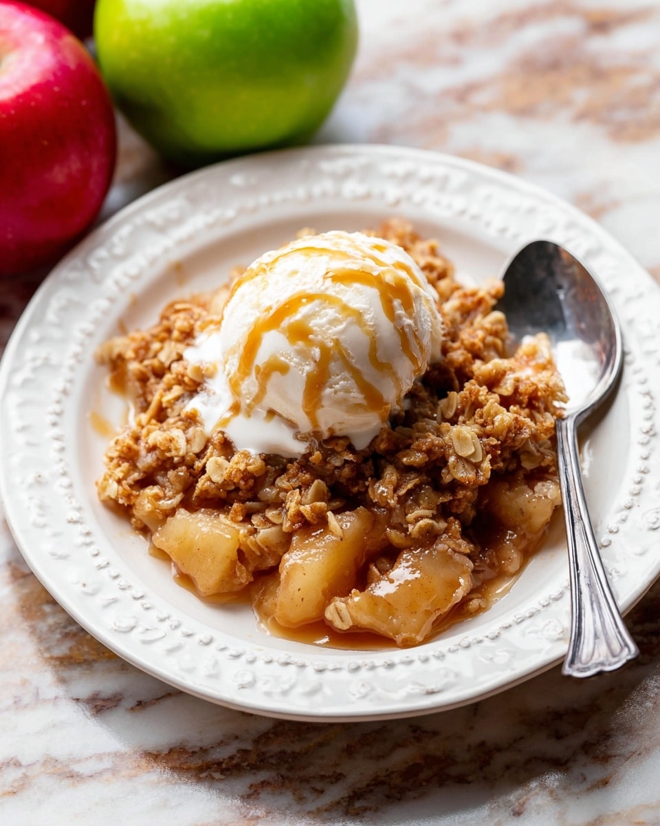 A white plate with a decorative edge holds a serving of apple crisp. The bottom layer is soft, cooked apple pieces in a light brown sauce. On top is a crumbly oat and brown sugar topping that looks slightly crunchy and golden brown. A scoop of white vanilla ice cream sits on the crisp, melting slightly around the edges. Drizzled over the ice cream is a thin caramel sauce with a shiny texture. A silver spoon rests on the right side of the plate. The plate is on a white marbled surface with green and red apples nearby. photo taken with an iphone --ar 4:5 --v 7