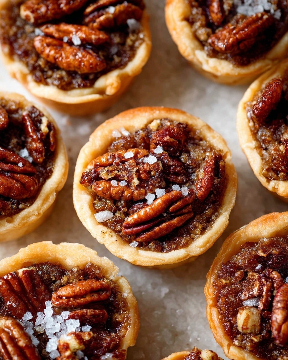 A white scalloped plate filled with multiple small round pastries, each with a golden-brown flaky crust base and a thick topping of caramelized chopped pecans that look sticky and rich, forming an uneven textured layer on top. The pastries are stacked closely, showing their light and crisp dough edges and dense nutty topping with darker brown and amber hues. The plate sits on a white marbled surface, and a dark red knitted cloth is partially visible in the top left corner. photo taken with an iphone --ar 4:5 --v 7