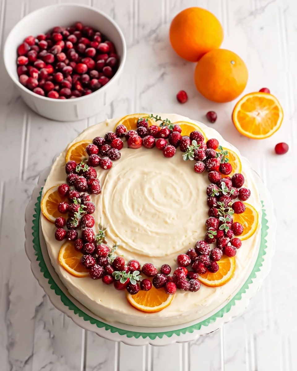 A round cake with two main layers sits on a white plate with a green scalloped edge. The bottom layer is a smooth pale cream color, topped with a thick layer of white frosting swirled in the center. On top of the frosting, there is a ring of bright red cranberries mixed with small green herb sprigs and a few orange slices evenly placed around the circle. In the background, a white bowl filled with more red cranberries is visible on a white marbled surface, alongside a whole and a halved orange. The whole setting is bright with a clean white marbled texture beneath. Photo taken with an iphone --ar 4:5 --v 7