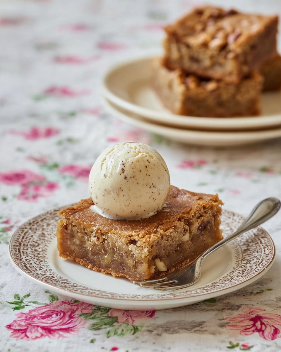 A square piece of thick, brown nut-filled cake sits at the center of a white plate with a delicate brown pattern around the edge. On top of the cake is a single round scoop of creamy light beige ice cream with small specks. The cake shows a dense texture with visible nuts inside, and the top layer forms a slightly crisp and golden brown crust. A shiny silver fork is placed next to the cake on the plate. In the background, more pieces of the same brown cake are stacked on a white plate with a soft beige rim, set on a white marbled surface covered with a floral cloth with pink and green flowers. Photo taken with an iphone --ar 4:5 --v 7