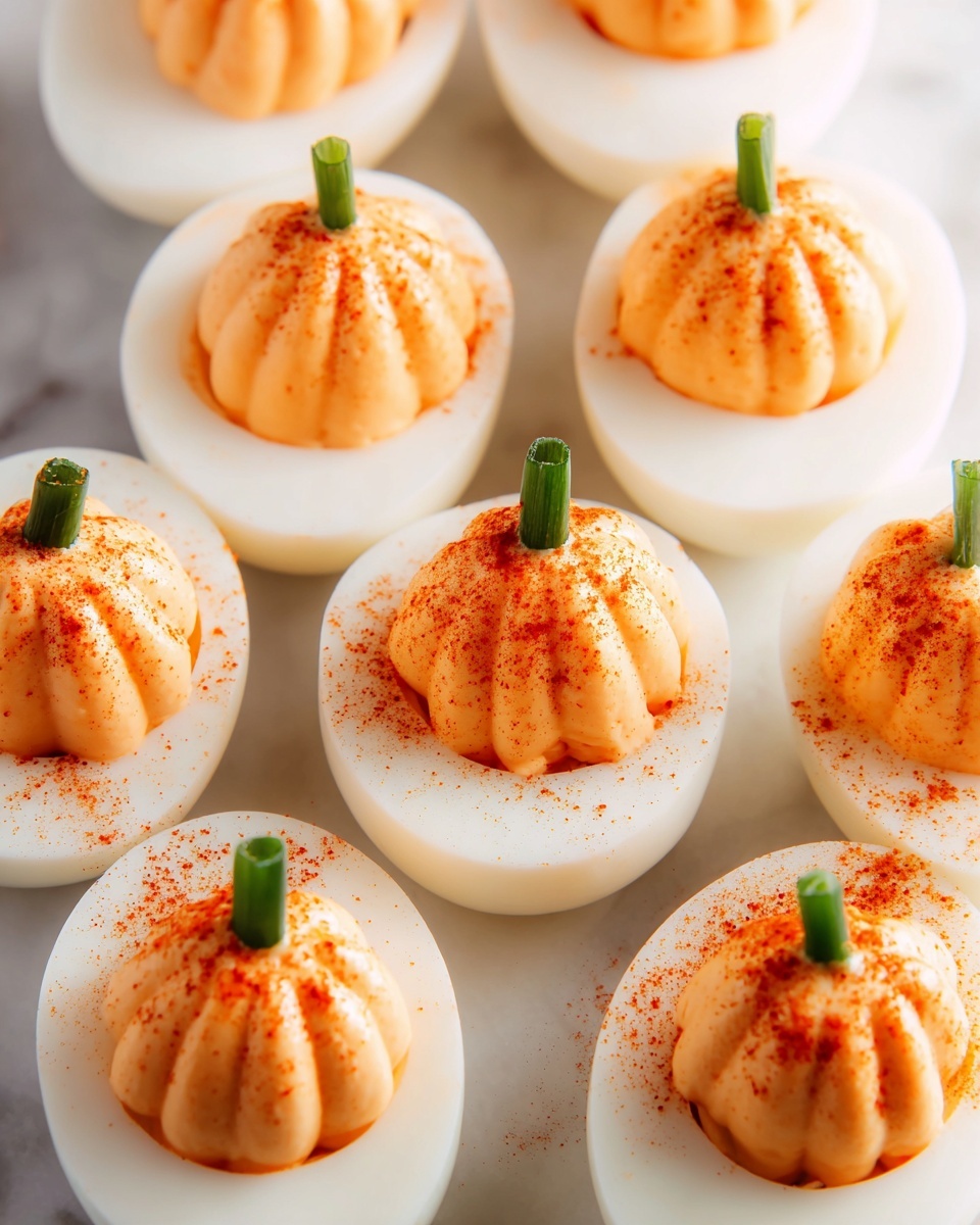 The image shows a close-up view of several deviled eggs arranged closely together on a white marbled surface. Each egg half has a smooth, glossy white egg white layer forming the base, topped with a creamy, light orange filling piped in ridged, vertical lines to look like a pumpkin shape. A small green chive piece is placed vertically at the top center of each filling, acting like a pumpkin stem. There is a light dusting of reddish-orange paprika sprinkled unevenly over the filling, adding texture and color contrast. The eggs are evenly spaced, showing a neat, uniform presentation photo taken with an iphone --ar 4:5 --v 7