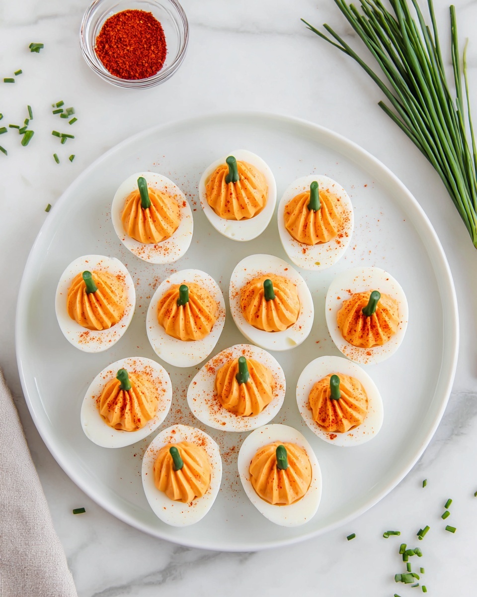 A white round plate holds twelve deviled eggs, each cut in half with smooth white egg whites forming the base layer. Inside each egg white half, there is a creamy orange filling swirled in three vertical grooves, mimicking a pumpkin shape. Each filling is topped with a small vertical piece of green chive placed at the top center, resembling a pumpkin stem. A light dusting of red spice is sprinkled across the filling of each egg. The plate is set on a white marbled surface with scattered small chive pieces around. At the top right corner, a small bundle of tied chives rests diagonally beside a clear glass bowl filled with red spice. Photo taken with an iphone --ar 4:5 --v 7