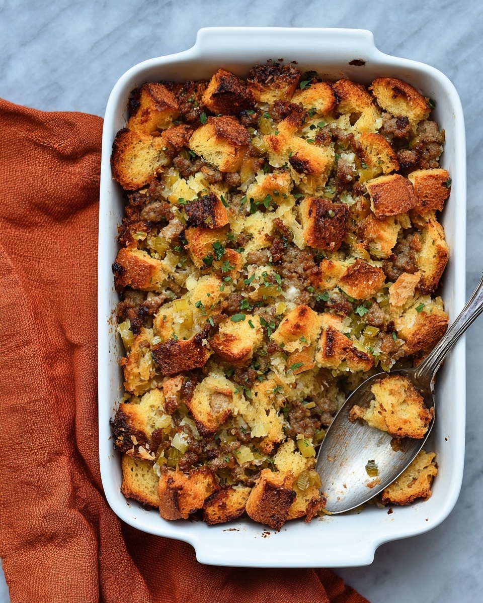 The image shows a white baking dish filled with a baked stuffing made of roughly 3 layers. The top layer is made of golden-brown toasted bread pieces mixed with bits of browned sausage and green herbs scattered throughout. The bread pieces have a rough and crunchy texture with some darker crispy spots. Through the middle and bottom layers, you see softer, lighter bread mixed with cooked vegetables like celery and onions, which add texture and green and white colors. A vintage silver spoon rests inside the dish, pulling out some stuffing from one corner. The dish sits on a white marbled surface with an orange cloth partially visible on the side. Photo taken with an iphone --ar 4:5 --v 7