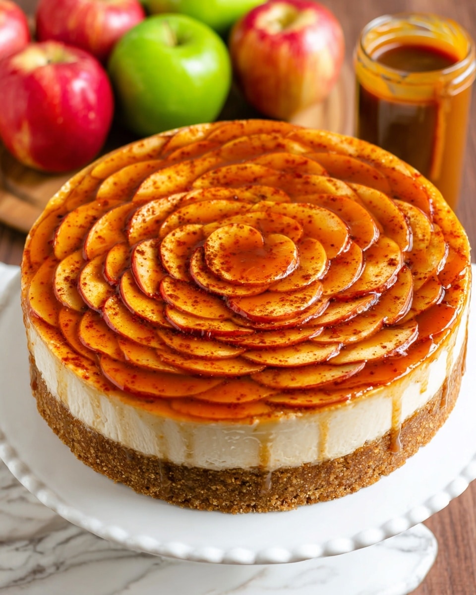 A round cake with three visible layers is shown on a white plate on a white marbled surface. The bottom layer is a thick, rough-textured brown crust that wraps up the sides. The middle layer is creamy and smooth, light beige in color. The top layer consists of thin apple slices arranged in a circular spiral pattern, overlapping slightly, with a shiny caramel-like glaze coating the apples that reflects light and gives a warm golden-brown color. In the background, blurred green and red apples and a jar of caramel sauce are visible. Photo taken with an iphone --ar 4:5 --v 7