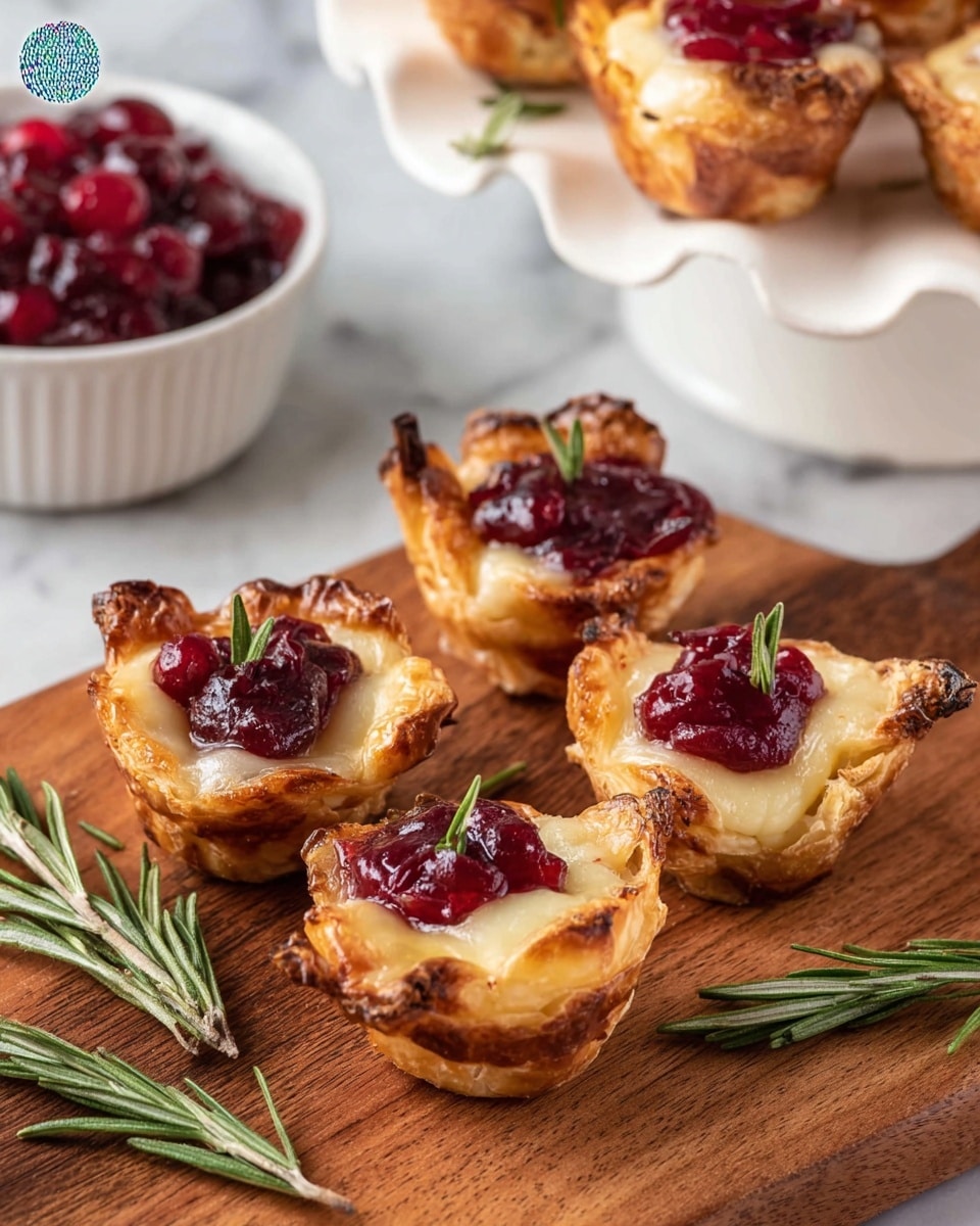 The image shows a close-up view of a dark metal muffin tray holding several bite-sized pastries. Each pastry has a layer of golden-baked dough forming a small cup shape, filled with creamy melted brie cheese that is light yellow and slightly gooey. On top of each cheese layer, there is a thick dollop of bright red cranberry sauce with a glossy texture, some pieces showing whole cranberries. Green sprigs of rosemary are inserted upright beside the cheese and cranberry layers in some of the pastries, adding fresh green accents. The background is softly blurred, focusing on the warm, textured pastries perfectly arranged in the tray. photo taken with an iphone --ar 4:5 --v 7