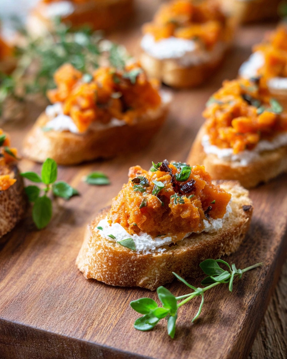The image shows several small toasted bread pieces placed on a wooden board. Each bread slice has two layers: the bottom layer is white creamy cheese spread evenly, and the top layer is a chunky orange vegetable mixture with small browned spots, scattered fresh green herbs on top. The bread edges look crispy and golden brown. A few sprigs of fresh green herbs rest on the board near the closest piece. The background is softly blurred, focusing on the top appetizers. photo taken with an iphone --ar 4:5 --v 7
