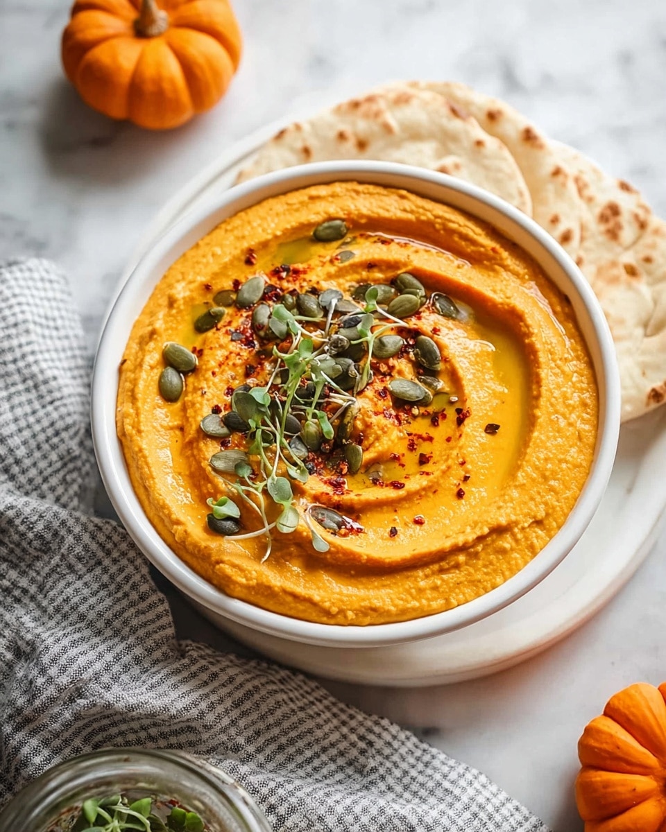 A white bowl filled with smooth, orange hummus with a swirl made in the center holding some olive oil. The hummus is topped with green pumpkin seeds, small green sprouts, black sesame seeds, and a bit of red spice sprinkled on one side. The bowl sits on a white marbled surface with a white plate behind it holding some flat bread. Near the bowl is a striped black and white cloth, and in the bottom corner, two small orange pumpkins are visible. Photo taken with an iphone --ar 4:5 --v 7