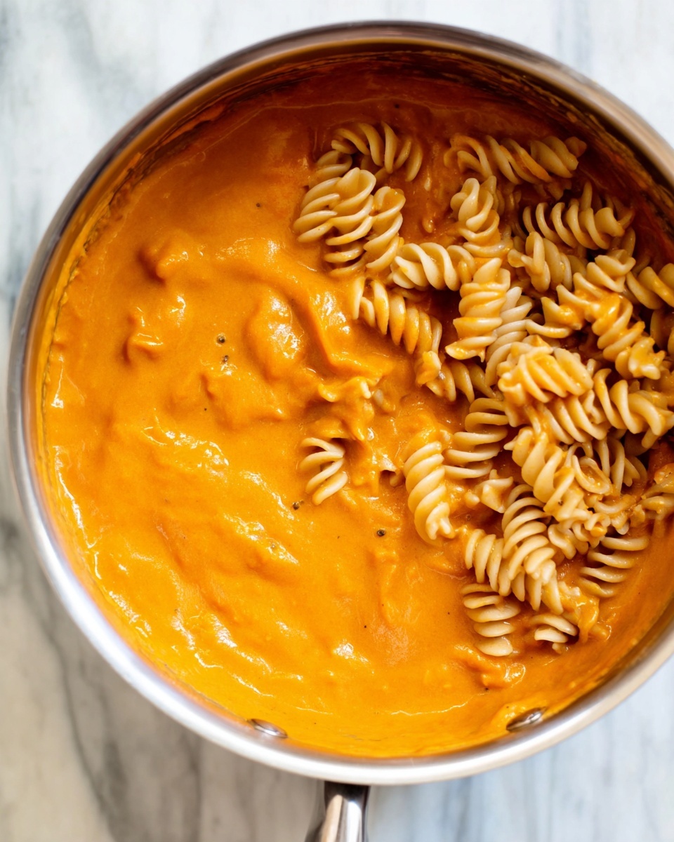 A close-up image of a stainless steel pot containing spiral pasta partly covered in thick, smooth orange sauce with a creamy texture, the pasta visible in some areas not fully coated by the sauce, the pot resting on a white marbled surface, photo taken with an iphone --ar 4:5 --v 7
