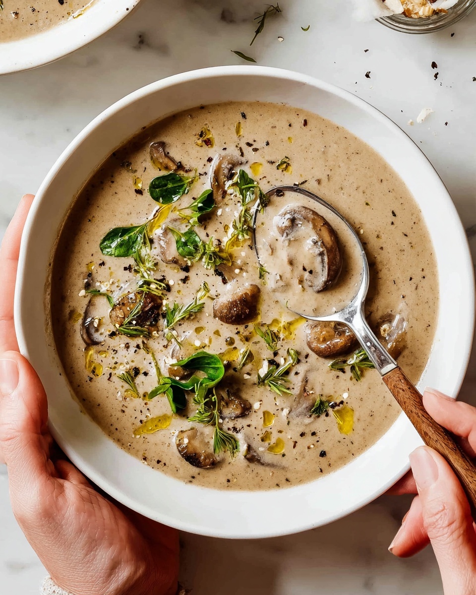 Two white bowls filled with creamy beige soup containing visible pieces of mushrooms and chicken. The soup is topped with small green herb leaves and drizzled with golden oil, with a sprinkle of black pepper. A woman's hand holds the bowl on the left, while another woman's hand stirs the soup in the right bowl with a silver spoon that has a light wooden handle. The bowls are placed on a smooth white marbled surface, with a brown and blue striped cloth nearby, and a clear bottle with a golden liquid to the right. Photo taken with an iphone --ar 4:5 --v 7