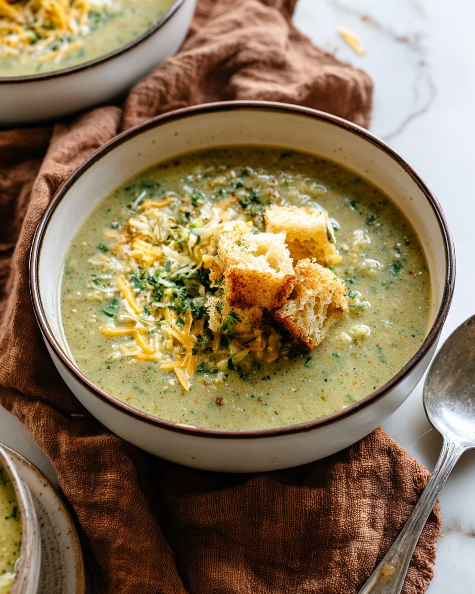 The image shows a creamy, greenish soup in a white bowl with a light brown rim. The soup is topped with shredded yellow and white cheese, small chopped green herbs, and pieces of torn crusty bread. The bowl sits on a folded, orange-brown cloth on a white marbled surface. The soup texture looks smooth with tiny bits mixed in. A second similar bowl is partially visible in the background. Photo taken with an iphone --ar 4:5 --v 7