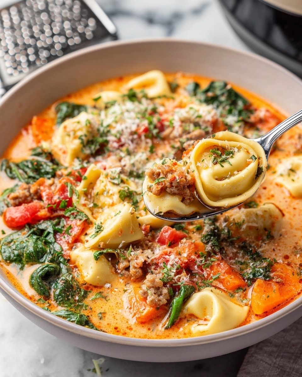 Two white bowls filled with creamy tortellini soup sit on a white marbled texture. The soup has a rich orange broth with visible small tortellini pasta, bright orange carrot slices, green spinach leaves, diced tomatoes, and bits of ground meat. The surface is sprinkled with grated cheese and chopped herbs. Each bowl has a silver spoon partially dipped into the soup, showing the textures and colors clearly. Around the bowls, there are slices of light brown crusty bread, a small wooden bowl of grated cheese, and a stainless steel appliance on the right. Photo taken with an iphone --ar 4:5 --v 7