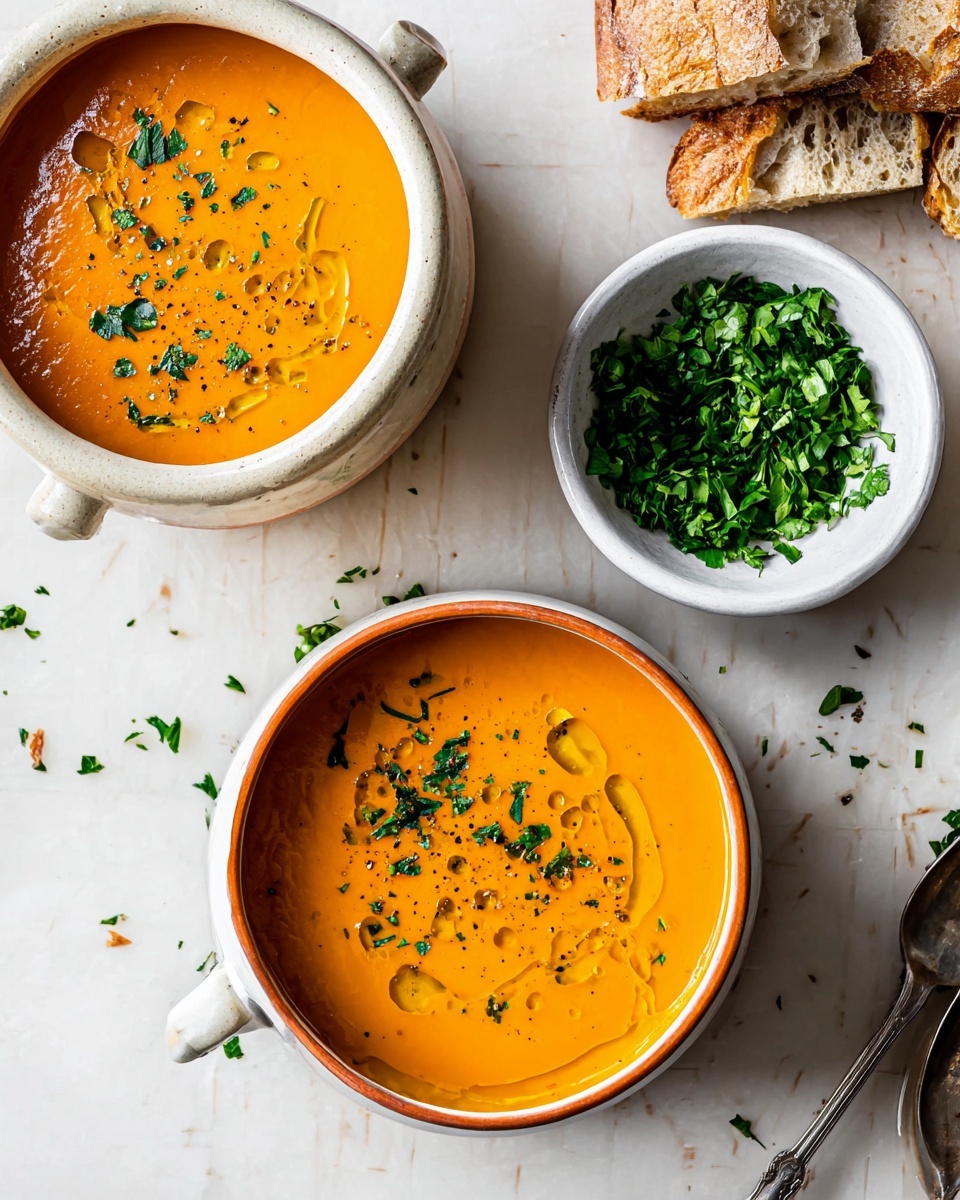 Two orange bowls filled with smooth, thick orange soup sit on a white marbled surface. The soup has small drops of oil and is sprinkled with chopped green herbs and black pepper on top. Nearby, there is a small white bowl filled with more chopped green herbs. There are some pieces of torn crusty bread to the right side of the image. Small bits of herbs are scattered around the bowls on the surface. The photo taken with an iphone --ar 4:5 --v 7