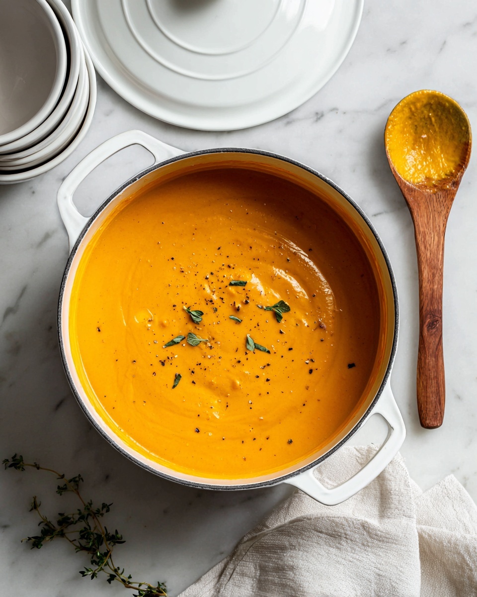 A white bowl filled with smooth, bright orange soup, topped with small green herb leaves and a light sprinkle of black pepper. On the top edge of the bowl, a piece of toasted bread with a thick layer of creamy butter rests partially in the soup. The bowl sits on a light wooden round board, with two spoons next to it that have wooden handles. Part of a white pitcher is pouring a creamy white sauce into a small white bowl beside the board. The surface beneath everything has a white marbled texture. photo taken with an iphone --ar 4:5 --v 7