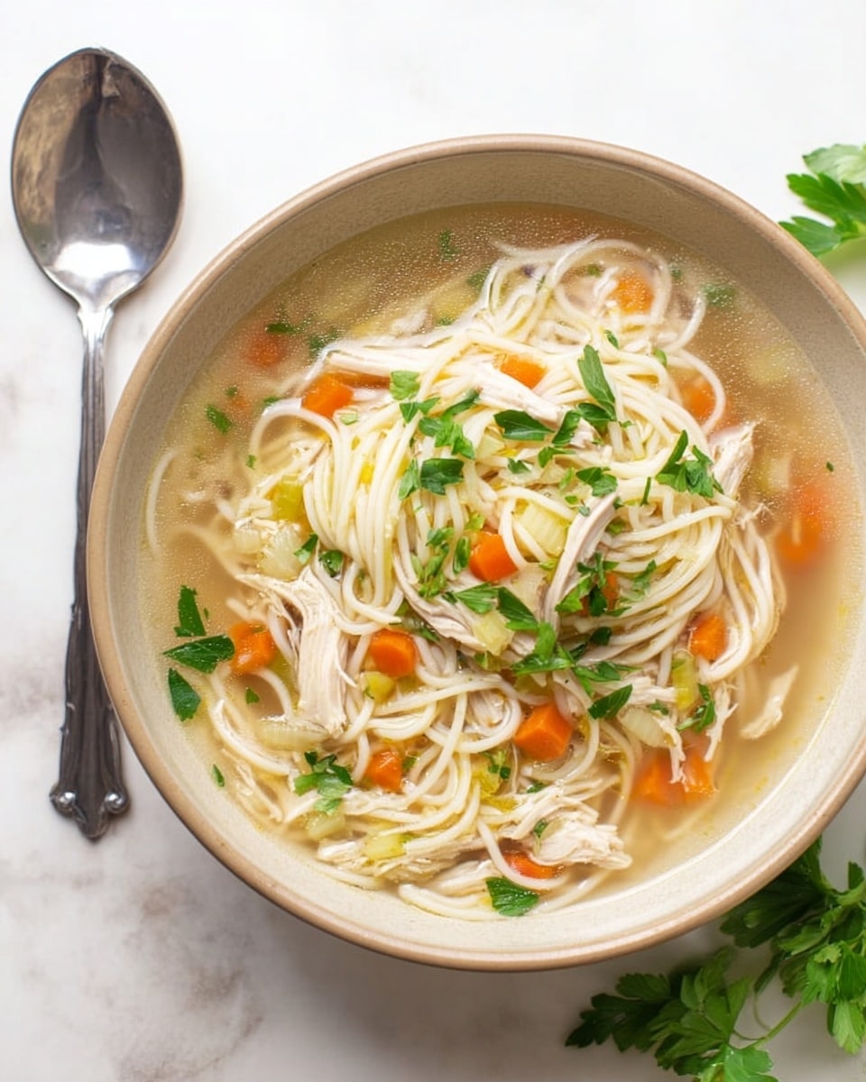 A white bowl filled with clear broth soup containing light yellow thin noodles, shredded white chicken pieces, small orange carrot chunks, and pale green celery slices, all topped with bright green parsley leaves. A silver spoon stands inside the bowl, partially submerged in the soup. The bowl rests on a white marbled surface next to a blue and white striped cloth and fresh green parsley sprigs scattered nearby. Photo taken with an iphone --ar 4:5 --v 7