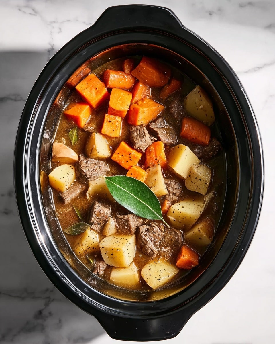The image shows a black slow cooker filled with a stew made of chunked brown beef pieces, orange carrot cubes, and thick beige potato chunks, all immersed in a light brown broth. A single green bay leaf floats on top among the ingredients. The slow cooker has two black handles, and it sits on a white marbled surface. The stew looks hearty and rustic with visible black pepper seasoning sprinkled on the potato pieces photo taken with an iphone --ar 4:5 --v 7