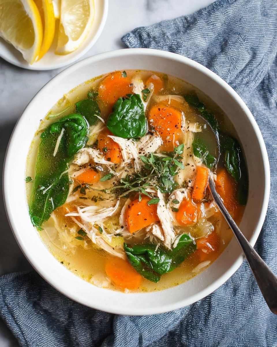A white bowl filled with clear chicken soup showing four main layers: the bottom is a light golden broth, above it are bright orange carrot chunks and shredded white chicken pieces, topped with green spinach leaves and sprigs of fresh thyme with small black pepper specks on top; the bowl sits on a blue striped cloth over a white marbled surface, and a silver spoon rests inside the bowl on the right side, photo taken with an iphone --ar 4:5 --v 7