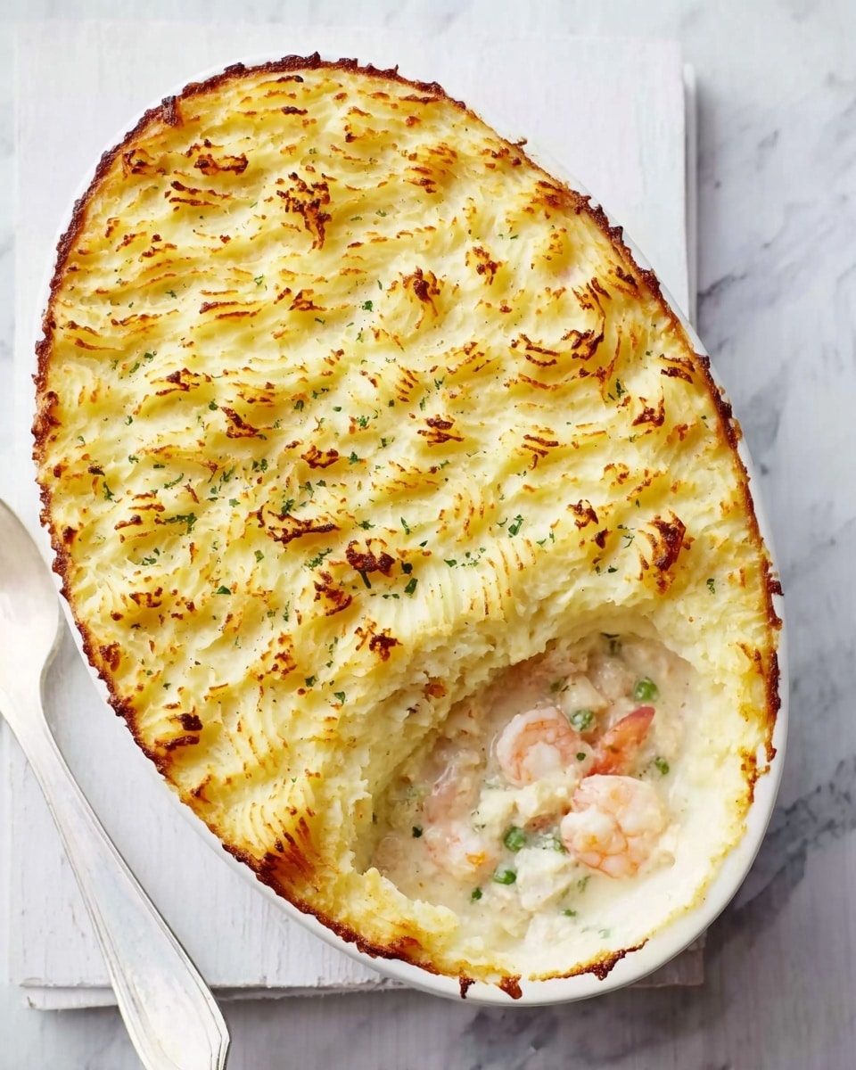A white rectangular baking dish holds a creamy baked casserole with several visible layers. The top layer is golden brown with a bubbly, toasted cheese texture scattered with small green herb bits. Below this, there are layers of light yellow creamy sauce mixed with pieces of pink salmon and green broccoli florets. Some of the layers show a thick white sauce blending with the vegetables and fish, creating a rich and smooth texture. The dish sits on a white marbled surface with a soft pink cloth partially visible in the background, and a fork and knife placed next to the dish. Photo taken with an iphone --ar 4:5 --v 7