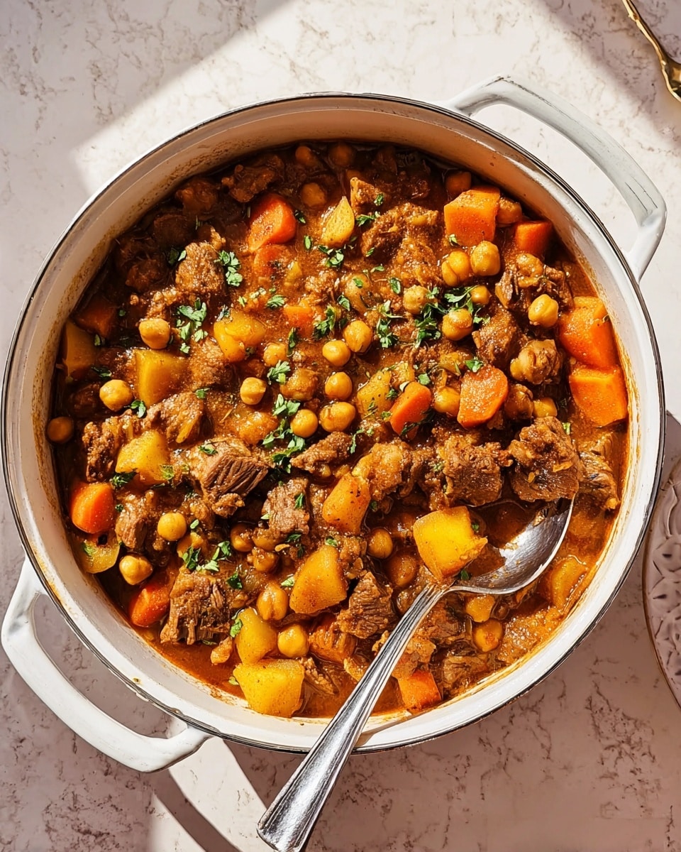 A white pot filled with a thick stew showing chunks of soft orange carrots, light brown chickpeas, and tender pieces of dark brown meat mixed with a rich brown sauce; green herbs sprinkle on top as garnish, adding a fresh touch. The stew looks hearty and dense, with a shiny metal spoon resting inside the pot. The pot is set on a white marbled surface with sunlight casting soft shadows, making the colors bright and warm. photo taken with an iphone --ar 4:5 --v 7
