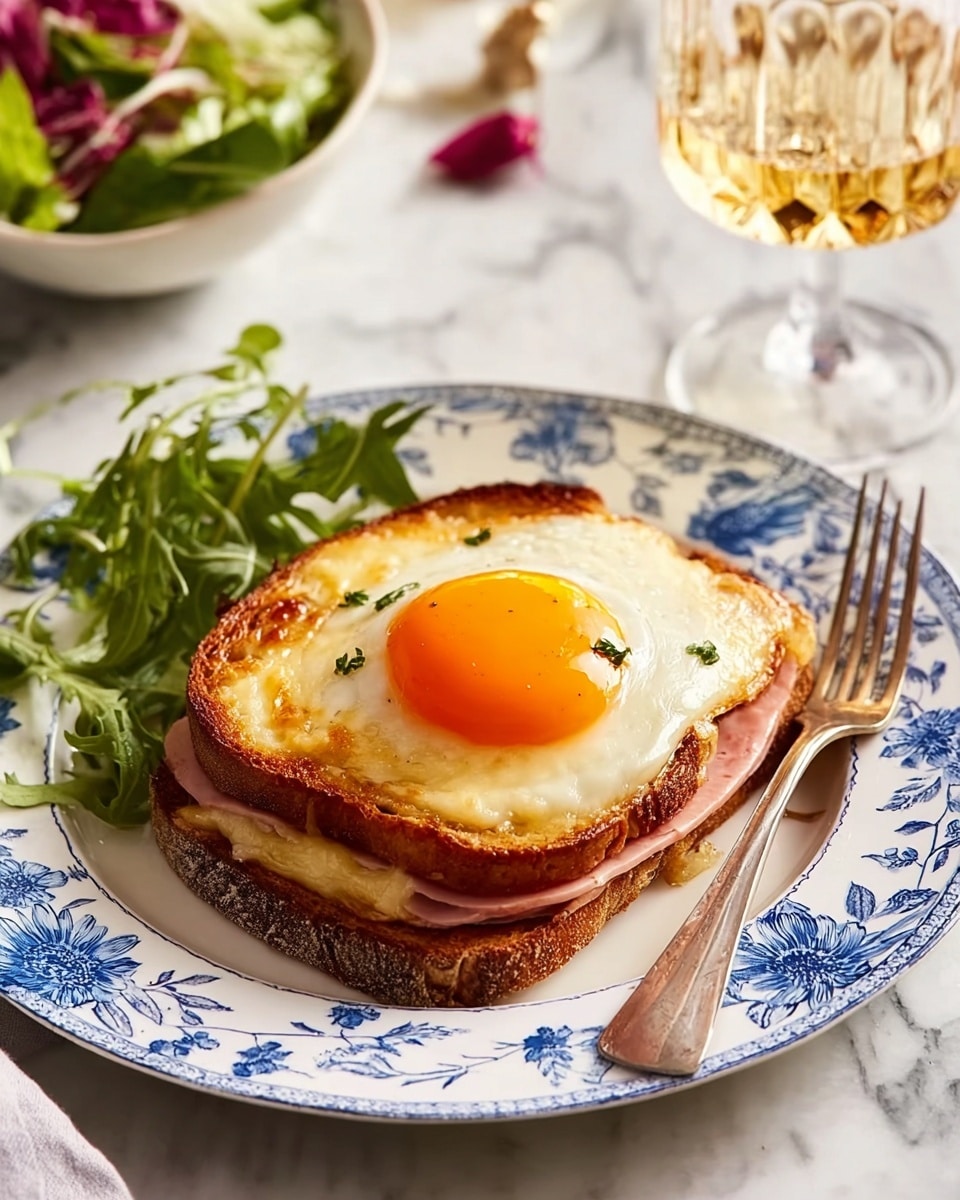 A white plate with blue flower patterns holds a toasted sandwich with three layers: the bottom is a thick slice of golden brown toasted bread, the middle has light pink slices of ham, and the top layer is melted pale yellow cheese with a perfectly cooked sunny-side-up egg showing a bright orange yolk and white edges slightly browned, centered on the sandwich. A small bunch of fresh green leafy salad rests beside the sandwich, and a silver fork lies on the plate's left side. The plate is on a white marbled textured surface with a stemmed glass of light sparkling drink on the right, and a bowl of mixed green salad is visible blurred in the background. Photo taken with an iphone --ar 4:5 --v 7