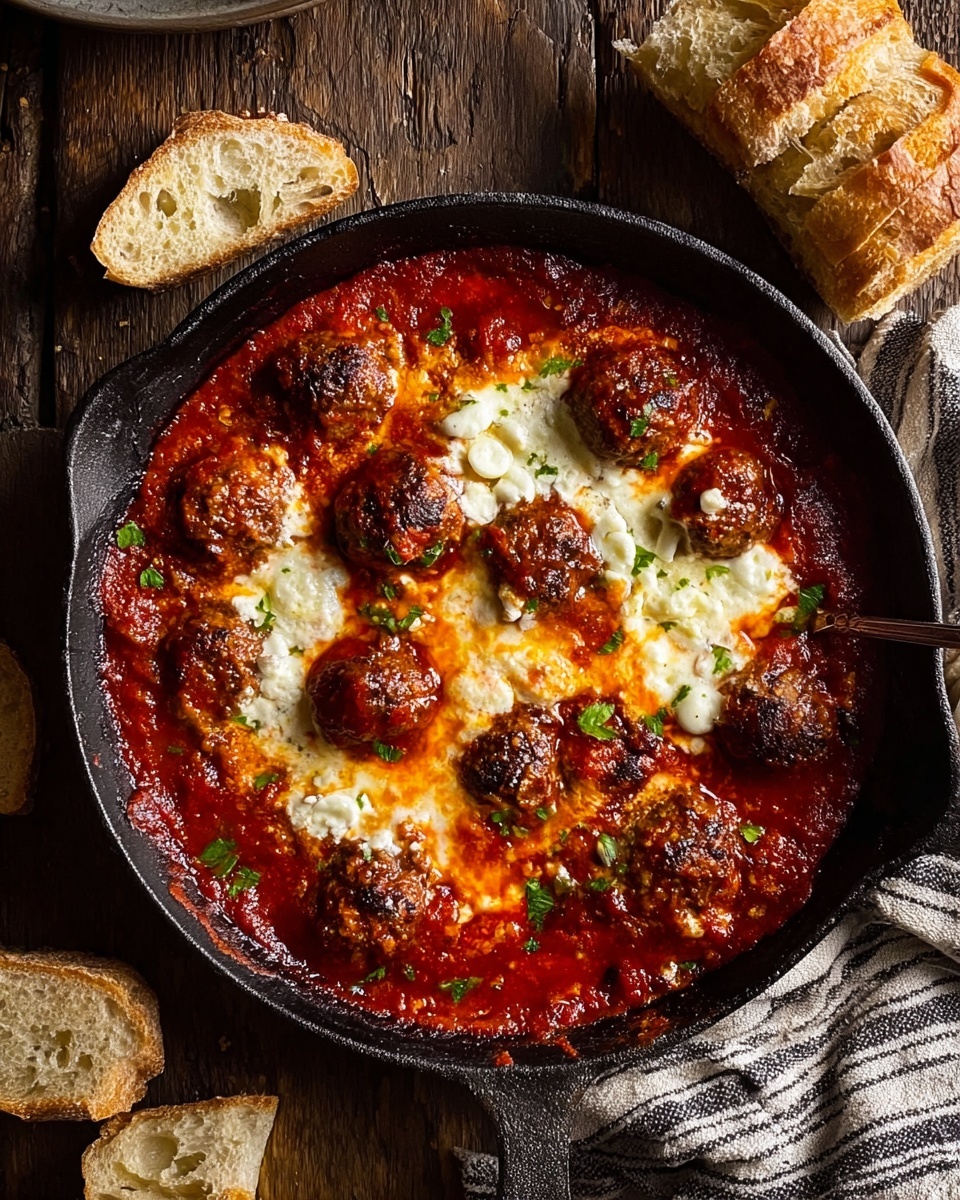 A black cast iron skillet filled with a vibrant red tomato sauce base, topped with many browned meatballs scattered evenly across the surface. On top of the meatballs and sauce is a layer of melted, bubbly white cheese that has golden brown spots from baking. Around the skillet, there are pieces of torn crusty bread resting on a light-colored cloth with dark stripes, placed on a wooden table. In the upper background, a dark bowl filled with more sauce is visible, and a spoon lies nearby. The scene is set on a white marbled textured surface. Photo taken with an iphone --ar 4:5 --v 7