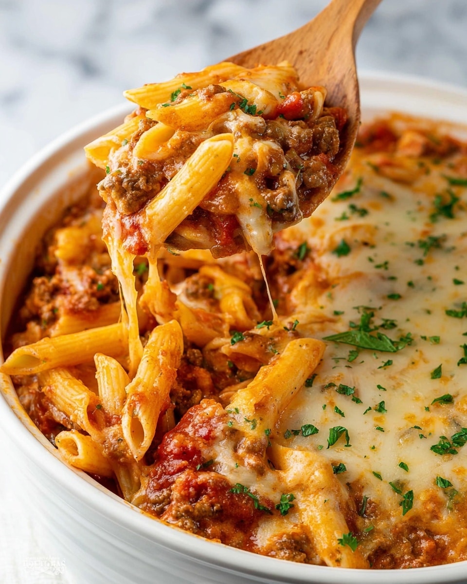 A white bowl filled with a layered pasta dish. The bottom layer is a rich red tomato sauce with chunks of cooked ground meat and pieces of tomato, mixed with cooked penne pasta. The top layer is a melted light golden cheese that covers most of the surface with some green herbs sprinkled on top. A wooden spoon is lifting a portion of the pasta, showing the sauce-soaked penne, meat, tomatoes, and melted cheese layers. The background is a white marbled texture. photo taken with an iphone --ar 4:5 --v 7