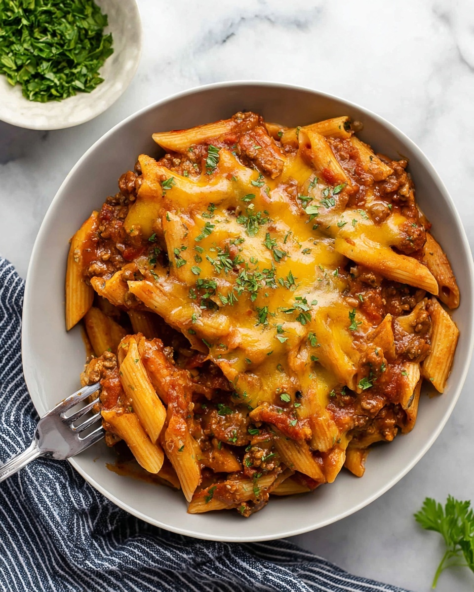 The image shows a white bowl filled with cooked penne pasta in a rich, chunky tomato sauce with ground meat visible at the base. The pasta is layered with melted light golden cheese on top, sprinkled with fresh chopped green herbs. A silver fork lifts a few pieces of pasta and sauce from the side of the bowl. The bowl sits on a white marbled surface with some green herbs in a small white bowl in the background, and a striped cloth near the base of the bowl. Photo taken with an iphone --ar 4:5 --v 7