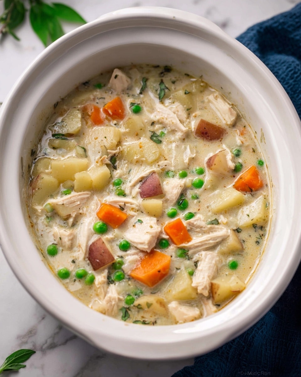 A bowl of creamy chicken and vegetable soup is shown from above, placed on a white marbled surface. The soup has a thick, light cream-colored broth with visible soft shredded white chicken pieces spread throughout. Bright orange slices of carrot and vibrant green peas are mixed in evenly, adding color contrast. Chunks of brown-skinned potato are scattered across the soup, partially submerged in the creamy base. Fresh green herb flecks, likely parsley, are sprinkled on top, giving small spots of brightness. A silver spoon rests inside the bowl, holding some of the soup near the right edge. The bowl itself is white with a faint gray speckled pattern. Around the bowl are small white dishes containing shredded cheese and green herbs, plus fresh green parsley and a piece of crusty bread on a wooden board near the bottom left corner. A blue and white striped cloth napkin is near the bottom right corner. The photo taken with an iphone --ar 4:5 --v 7