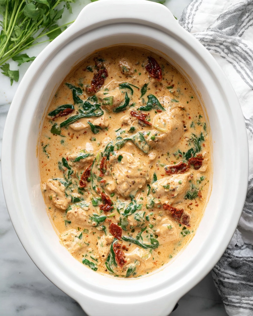 A white oval slow cooker filled with a creamy light orange sauce containing pieces of white chicken, bright green spinach leaves, and small chunks of dark red sun-dried tomatoes. The sauce has a smooth texture with visible specks of seasoning floating through it, and the green spinach and red tomatoes are scattered evenly throughout the dish, contrasting with the light sauce and chicken pieces. The slow cooker sits on a white marbled surface with a bit of green herbs visible in the top left corner and a striped cloth on the bottom right photo taken with an iphone --ar 4:5 --v 7