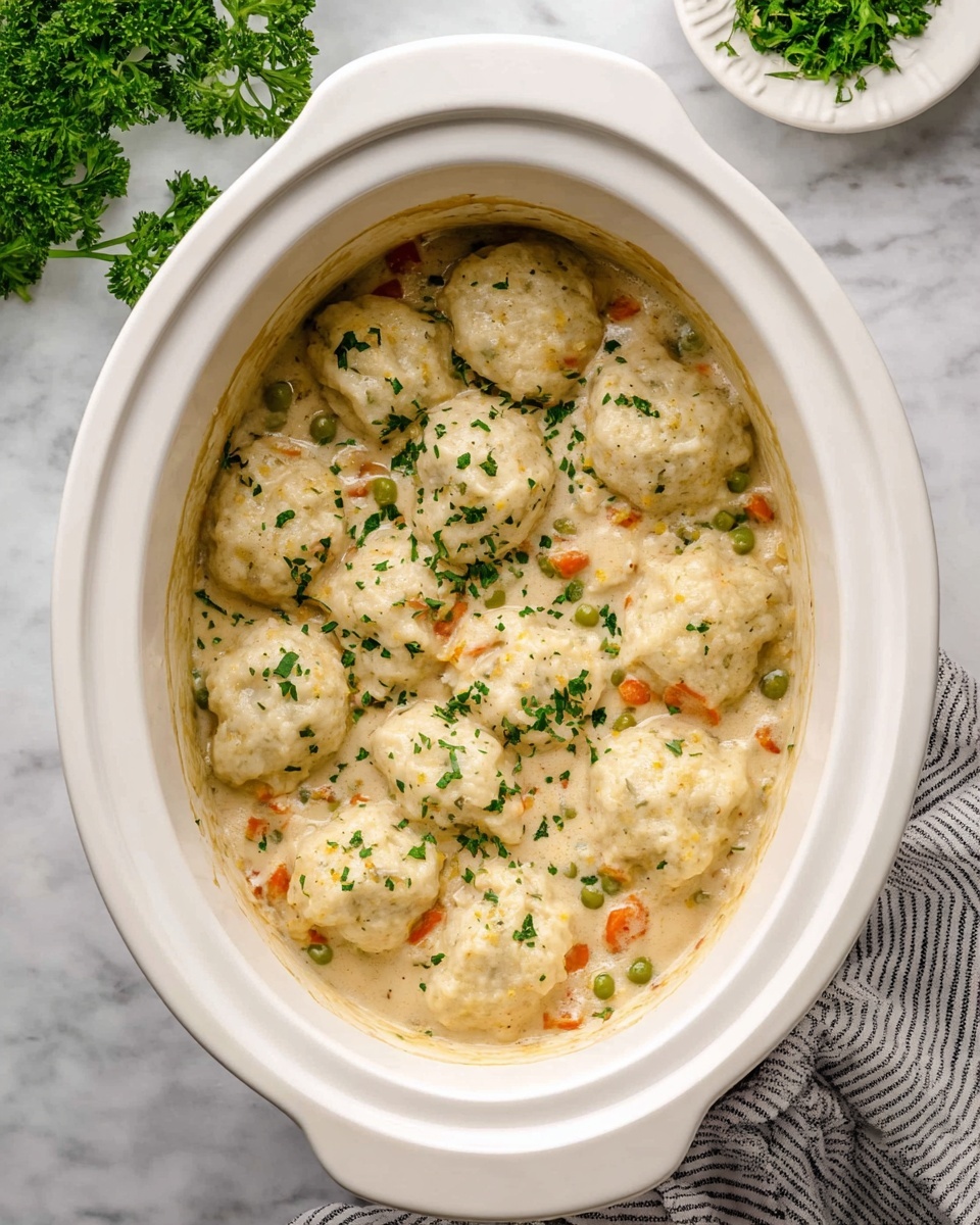 The image shows a white oval slow cooker filled with a creamy dish having two layers: the bottom layer is a thick beige sauce mixed with small pieces of orange carrot and green peas, and the top layer has about 14 soft, light beige dumplings sprinkled with finely chopped green herbs. The slow cooker is on a white marbled surface, with fresh green parsley partially visible to the top left and a small white bowl with more chopped green herbs to the top right. A striped cloth is partly seen at the bottom left corner. Photo taken with an iphone --ar 4:5 --v 7