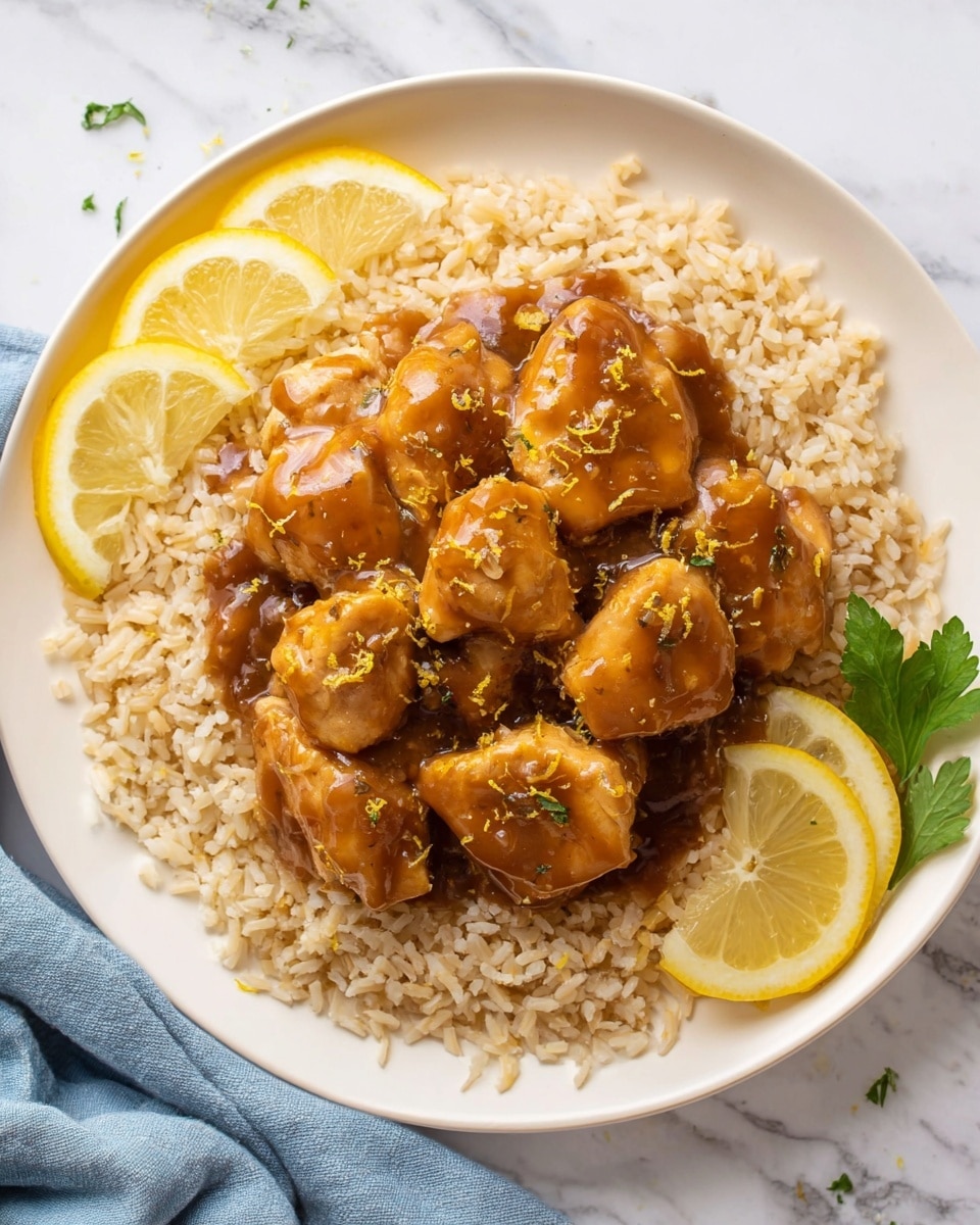 A white plate holds a bed of fluffy light brown rice as the bottom layer. On top, there are several pieces of golden brown chicken covered in a shiny, thick brown sauce with small bits of lemon zest scattered over the chicken. At the edge of the plate, two thin lemon slices and a small green parsley sprig add color. The plate is placed on a white marbled surface with a soft blue cloth near the bottom left corner. Photo taken with an iphone --ar 4:5 --v 7
