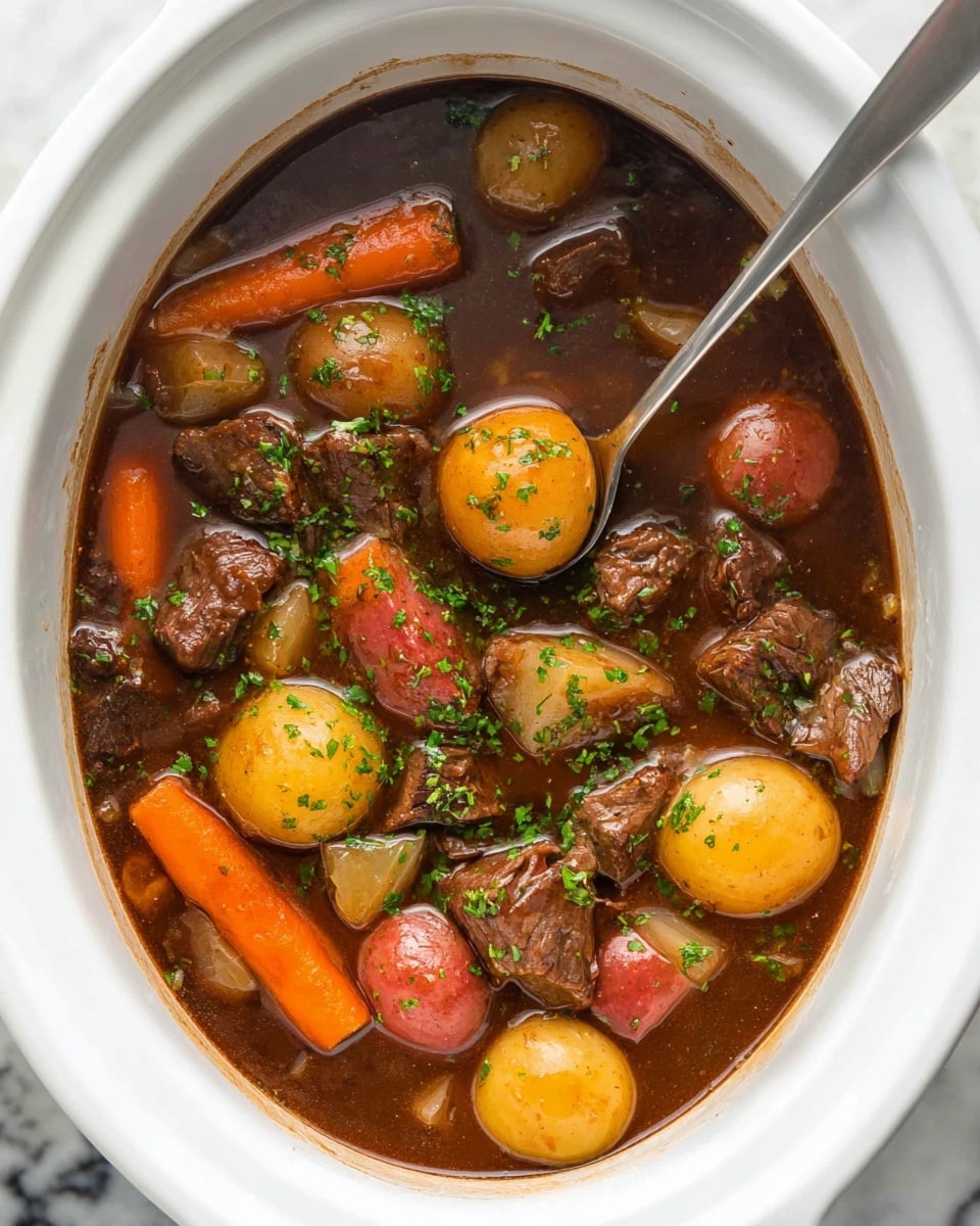 A white crockpot filled with a rich brown stew containing several layers: the bottom layer is a dark brown liquid broth, scattered with bright orange carrot slices and halved small round potatoes with yellow and red skin. Above this, there are medium-sized chunks of tender, browned meat and pieces of light-colored onions. The dish is garnished with finely chopped green herbs spread evenly on top. A metal spoon is partially submerged on the right side, scooping up some of the stew. The setting is on a white marbled surface. photo taken with an iphone --ar 4:5 --v 7