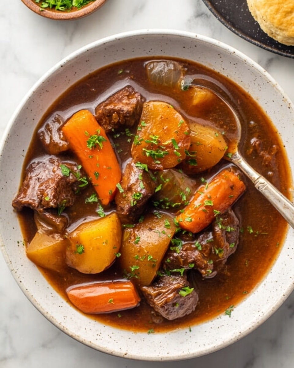 The image shows a bowl of beef stew with a thick brown broth. Inside the stew are several large pieces of tender beef, bright orange carrot chunks, and thick slices of golden potatoes. There are also small pieces of onion visible, all covered in the rich, glossy sauce. The stew is garnished with finely chopped green herbs sprinkled on top. The bowl is white with a light speckled pattern and sits on a white marbled surface. A spoon rests in the bowl, ready to eat, and a biscuit and green garnish are seen in the background. photo taken with an iphone --ar 4:5 --v 7