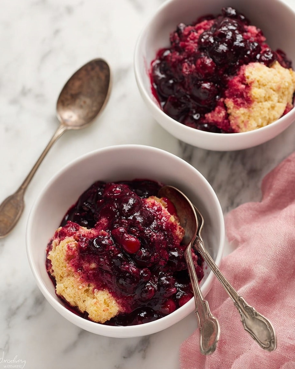 Two white bowls sit on a white marbled surface, each filled with a layered dessert. The bottom layer consists of a thick, dark red berry compote with visible whole berries and syrup. On top of the compote, there is a light, textured biscuit or cobbler layer baked to a golden pinkish tone, unevenly spread and partially soaked in juice. Each bowl is finished with a pale yellow scoop of smooth vanilla ice cream placed on one side of the bowl. Two old-fashioned silver spoons rest beside the bowls, and a soft pink cloth lies folded nearby. Photo taken with an iphone --ar 4:5 --v 7