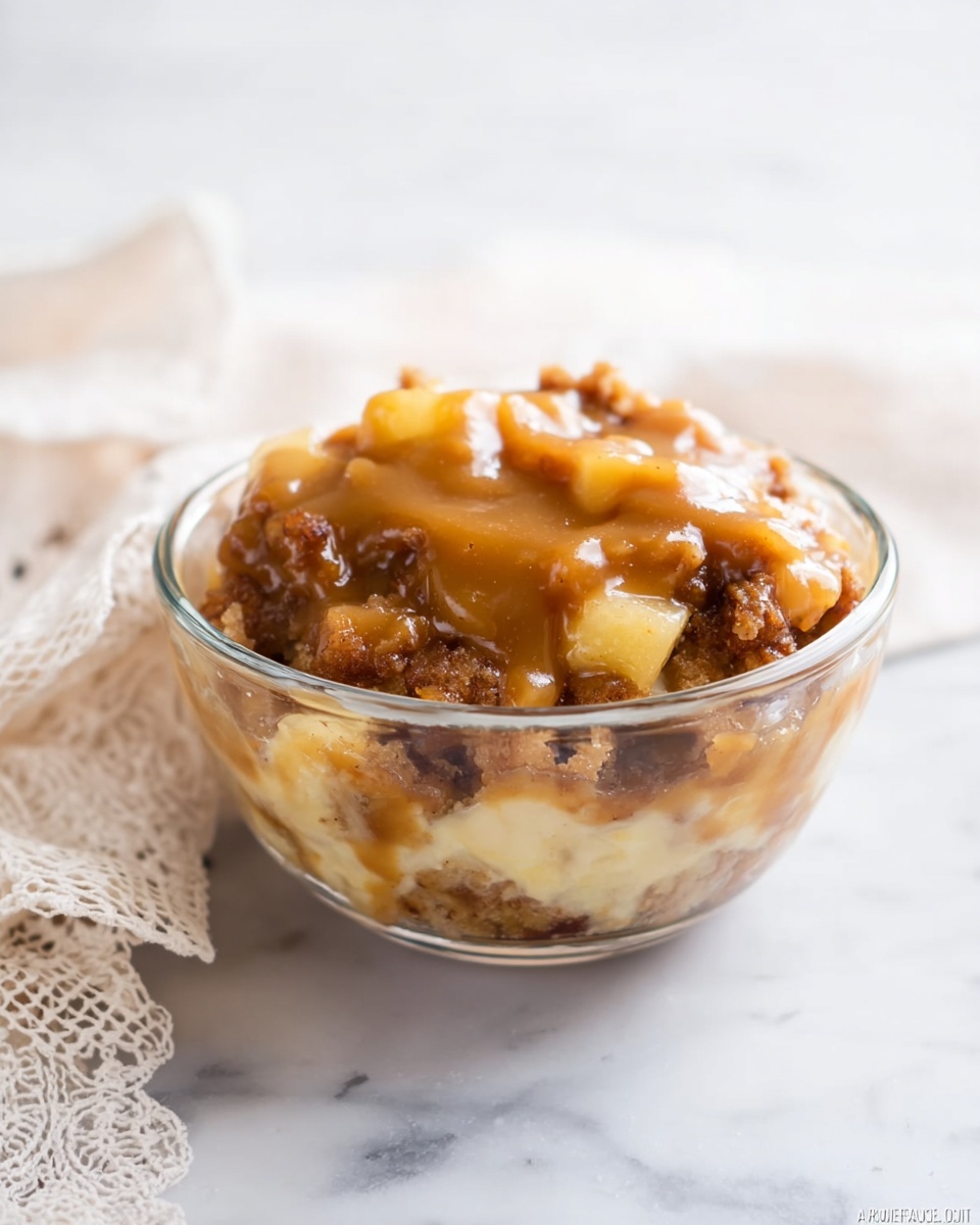 A clear glass bowl sits on a white marbled surface holding a dessert with multiple layers. The base is made up of soft, chunky brown cake bits with a moist texture, mixed with visible pieces of light yellow fruit. Over the top, a shiny, smooth caramel sauce pools slightly around the mixture, giving a glossy finish. A light-colored cloth with lace edges is blurred in the background. Photo taken with an iphone --ar 4:5 --v 7