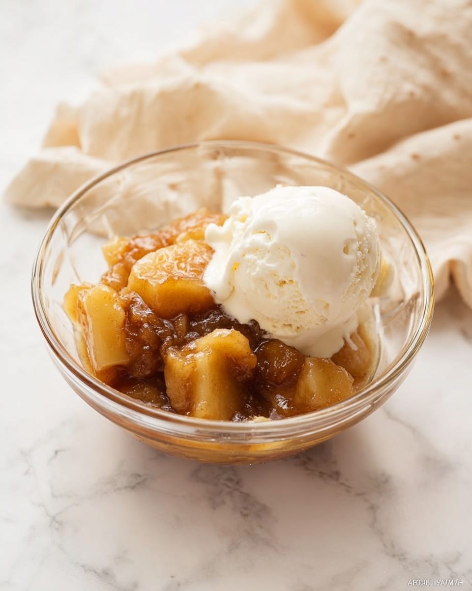 A clear glass bowl sits on a white marbled surface, filled with two distinct layers. The bottom layer is a warm, chunky apple dessert with soft, golden-brown baked apple pieces and a sticky, syrupy glaze covering the apples. On the right side of the bowl, a smooth, round scoop of creamy white vanilla ice cream rests, slightly melting where it touches the apple dessert. In the background, a soft beige cloth is loosely draped. photo taken with an iphone --ar 4:5 --v 7