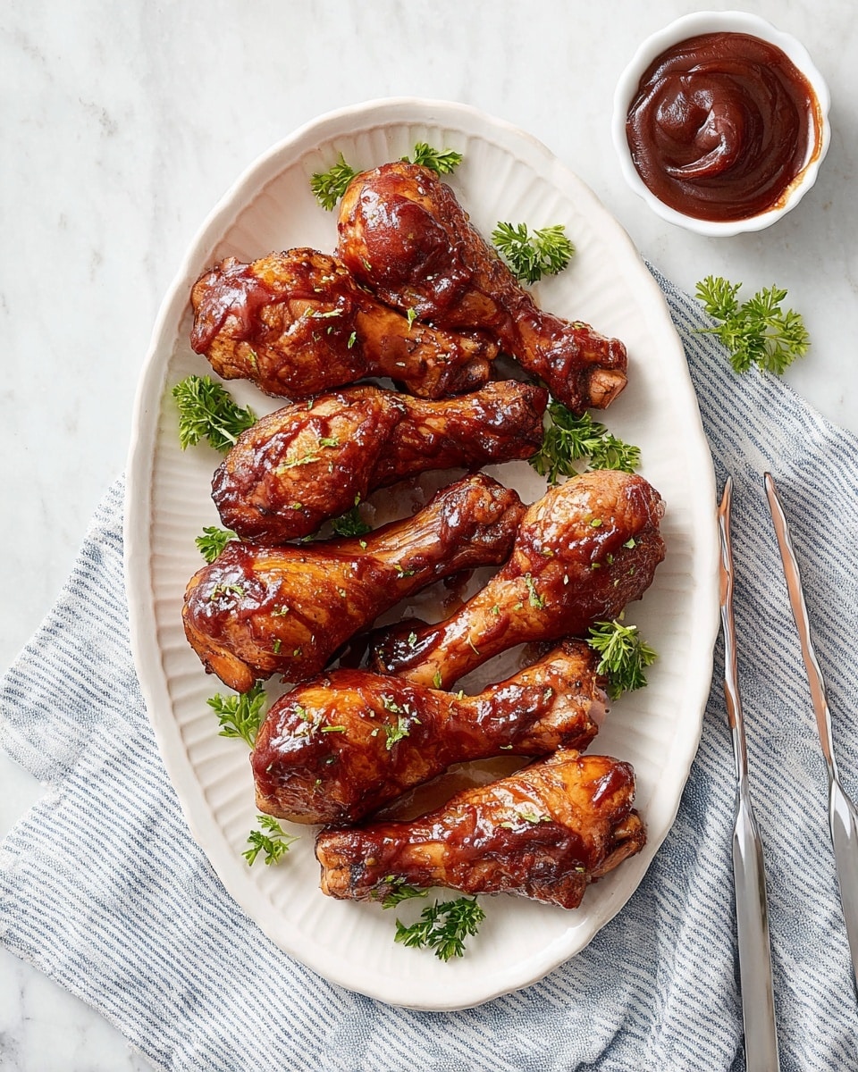 A white ribbed oval plate holds nine shiny, dark brown glazed chicken drumsticks arranged in two rows, with some green parsley leaves placed between and around the drumsticks for color contrast. To the right of the plate, there is a small white bowl filled with thick dark barbecue sauce. A silver tong rests on the white marbled surface nearby, along with a striped blue and white cloth underneath the plate. The overall scene has a clean, light look with the food as the main focus. Photo taken with an iphone --ar 4:5 --v 7