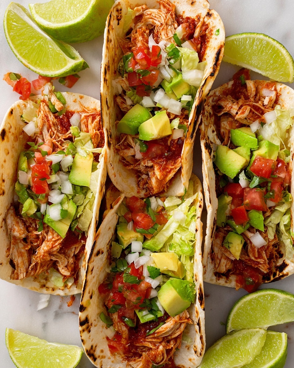 The image shows four soft tortillas with light charring, each folded to hold layers of shredded chicken in a reddish sauce as the base, topped with bright green diced avocado, small chopped lettuce, and a mix of finely chopped red tomatoes and white onions scattered on top. The tacos rest on a white marbled surface with lime wedges placed around them, offering a fresh and colorful look. Photo taken with an iphone --ar 4:5 --v 7
