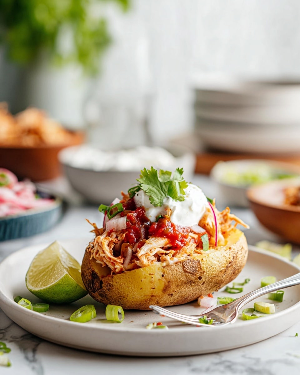 A pile of pulled chicken forms the base layer on a soft taco shell centered on a white plate, topped with a layer of red salsa, bright pink pickled onions, and a dollop of white sour cream. Thin green rings of chopped scallions and fresh cilantro leaves scatter over the top, adding pops of green. A lime wedge sits on the right side of the taco, and a silver fork rests vertically on the left side of the plate. The plate sits on a white marbled surface with small green scallion rings around it, and parts of other dishes and ingredients are visible nearby. Photo taken with an iphone --ar 4:5 --v 7