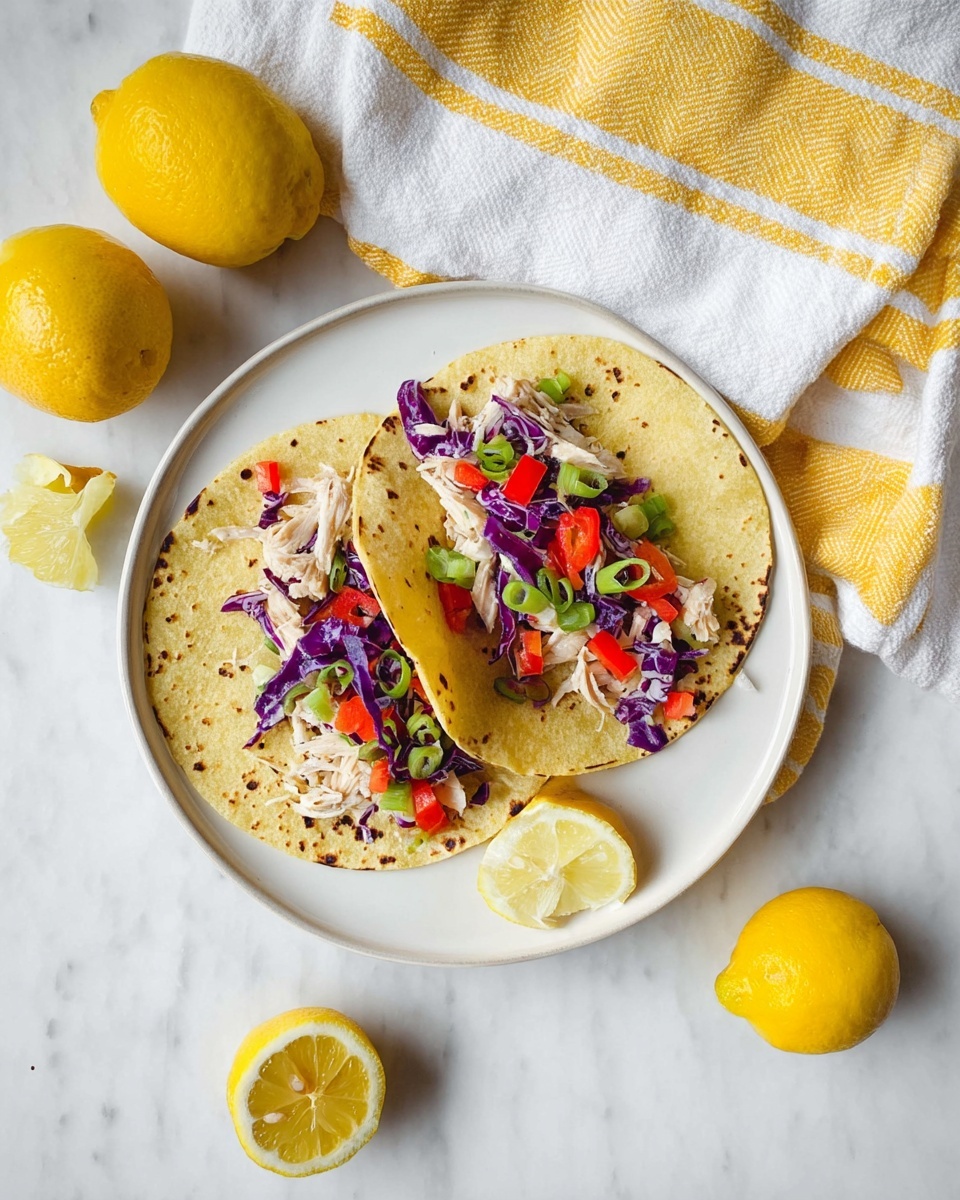 The image shows two grilled corn tortillas placed side by side on a white plate with a white marbled surface underneath. Each tortilla has three layers: a base layer of light brown corn tortilla with charred black spots, a middle layer of shredded light-colored cooked chicken, and a top layer of fresh, shredded purple cabbage mixed with small diced red bell peppers and chopped green onions scattered across. Around the plate, there are lemon wedges and halved lemons, with a white towel that has yellow stripes folded next to it. Photo taken with an iphone --ar 4:5 --v 7