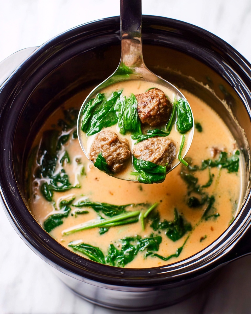 The image shows a black pot filled with a creamy light orange soup with green spinach leaves floating in it. A black ladle is lifting parts of the soup, showing three small brown meatballs wrapped in bright green spinach leaves. The soup drips slowly from the ladle back into the pot. The pot is sitting on a white marbled surface. photo taken with an iphone --ar 4:5 --v 7